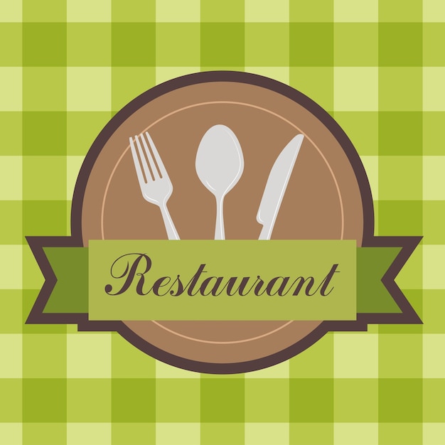 Menu card logo whith knife fork spoon and plate for restaurant on checkered tablecloth Vector