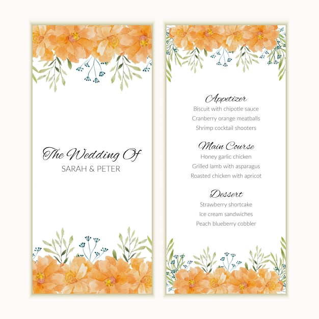 Menu card template with watercolor golden flower frame