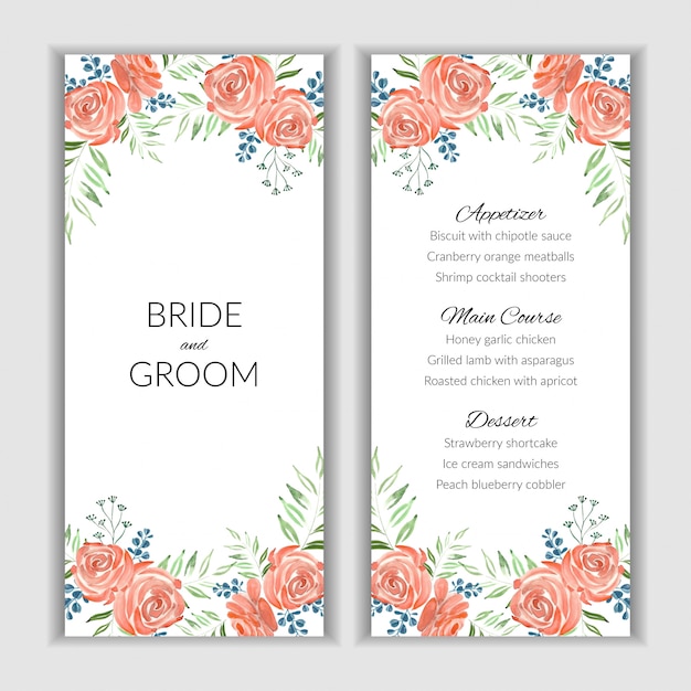 Menu card template with watercolor rose floral decoration