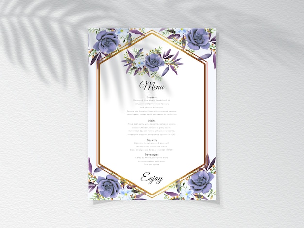 menu card with elegant royal blue rose design