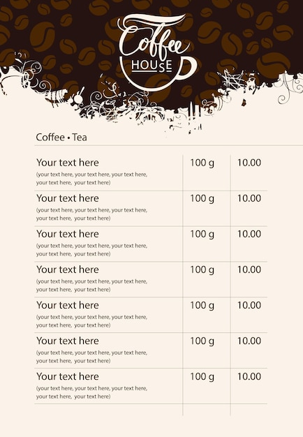 Menu per la caffetteria