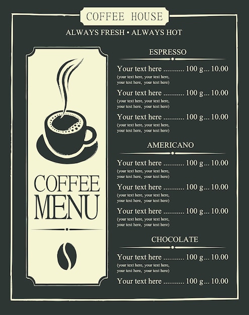 Vettore menu per la caffetteria