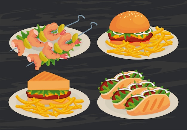 Menu di deliziose icone fast food illustrazione