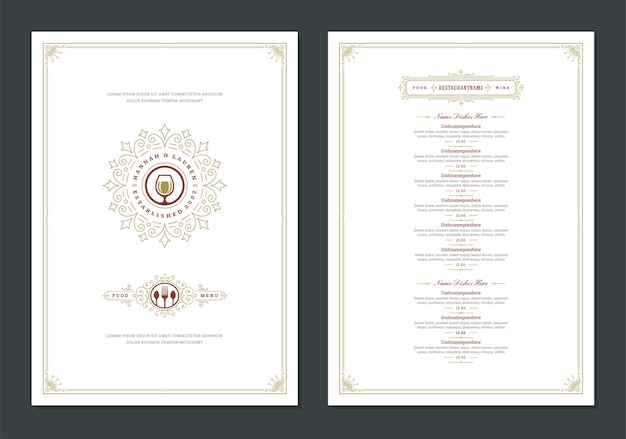 Menu design template with cover and restaurant vintage logo brochure