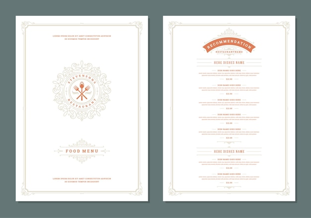 Шаблон дизайна меню с обложкой и рестораном винтажный логотип вектор брошюры. Кухонные инструменты символ иллюстрации и орнамент кадра и украшения сучки.