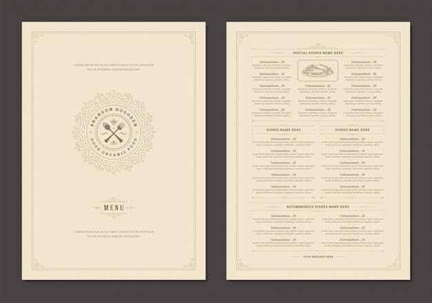 Vector menu design template with cover and restaurant vintage logo vector brochure.