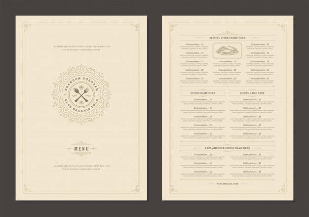 Menu design template with cover and restaurant vintage logo vector brochure.