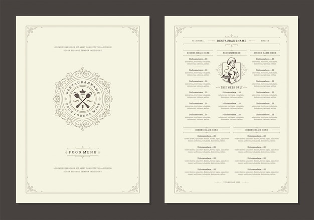 Vector menu design template with cover and restaurant vintage logo vector brochure.