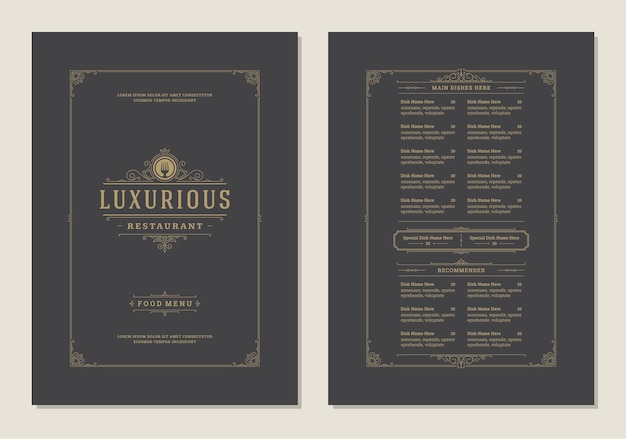 Vector menu design template with cover and restaurant vintage logo vector brochure