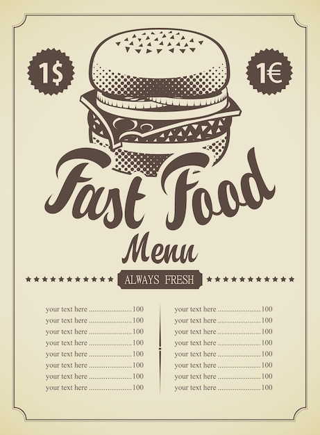 Vector menu for fast food with cheeseburger