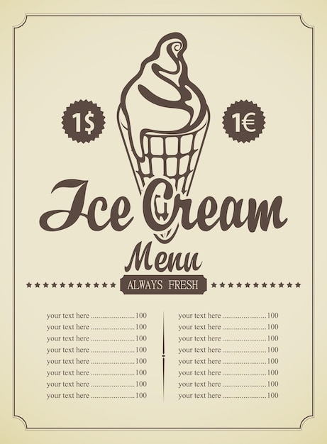 menu for ice cream cafe with prices