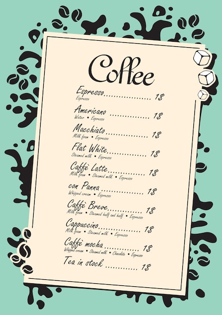 Vettore elenco dei menu per la caffetteria