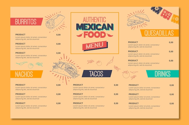 Menu for mexican food restaurant