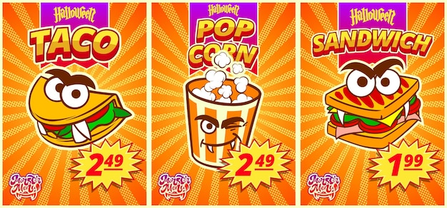 ベクトル ポップコーン サンドイッチ タコスのメニュー モンスター ハロウィーンのファーストフード カフェの値札付き水平ポスター ベクター クリップアート