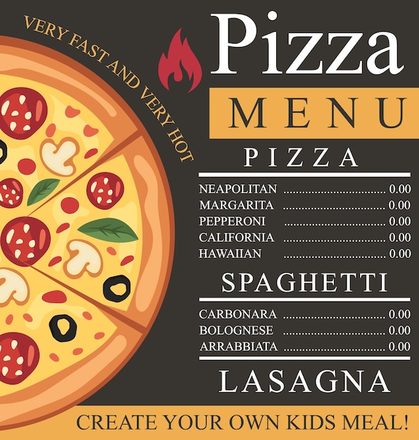 A menu for pizza with the words " very fast and very fast " on it.