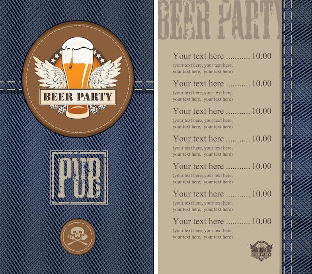 menu for a pub bar on denim with a glass of beer