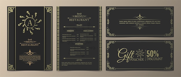 Шаблон дизайна роскошного подарочного сертификата ресторана меню.
