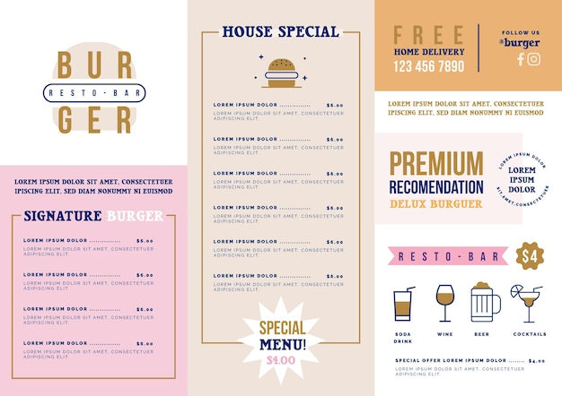 Menu for restaurant template in horizontal format