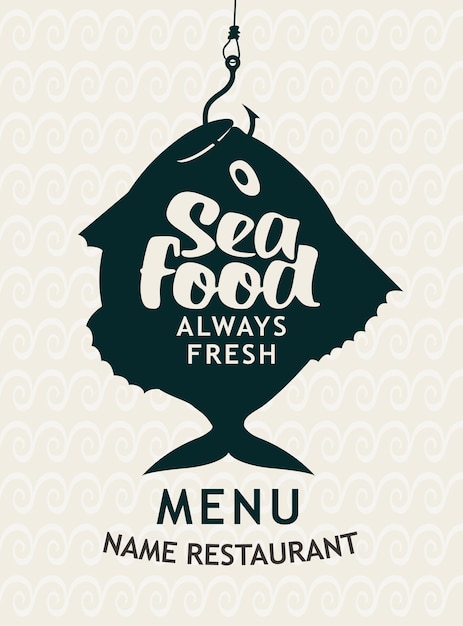 menu for seafood restaurant with fish on hook