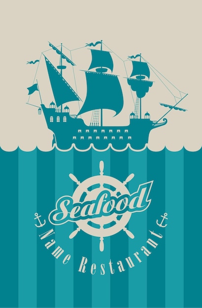 Vector menu for seafood restaurant with sailboat