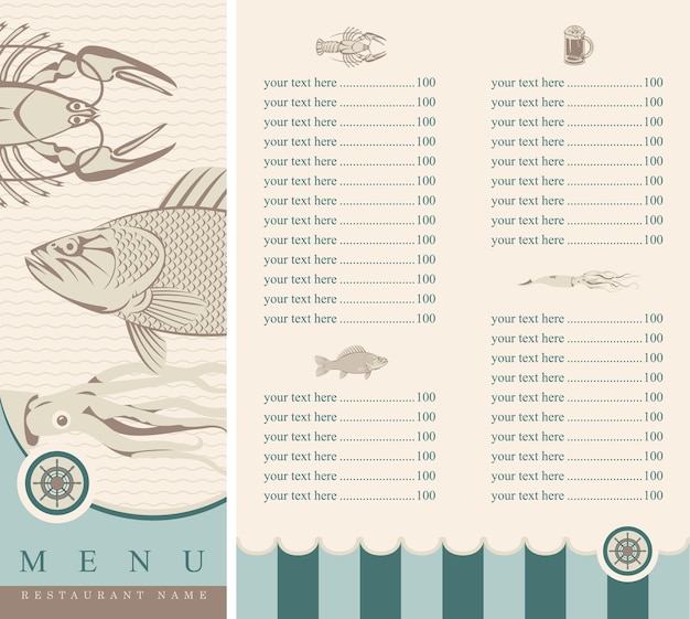 Vettore menu per ristorante di pesce