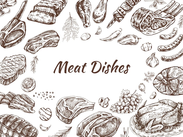 Menu sjabloon voor vlees en groenten in gegraveerde vintage stijl van barbecue vleesstukken met kruiden
