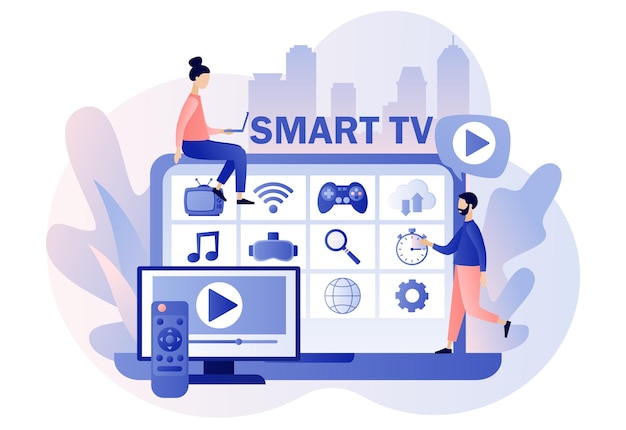 Меню Smart TV на ноутбуке Маленькие люди смотрят приложения видеоконтента на мультимедийном приставке