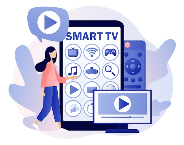 Menu smart tv nell'app per smartphone la piccola donna guarda le applicazioni di contenuti video su un box tv multimediale