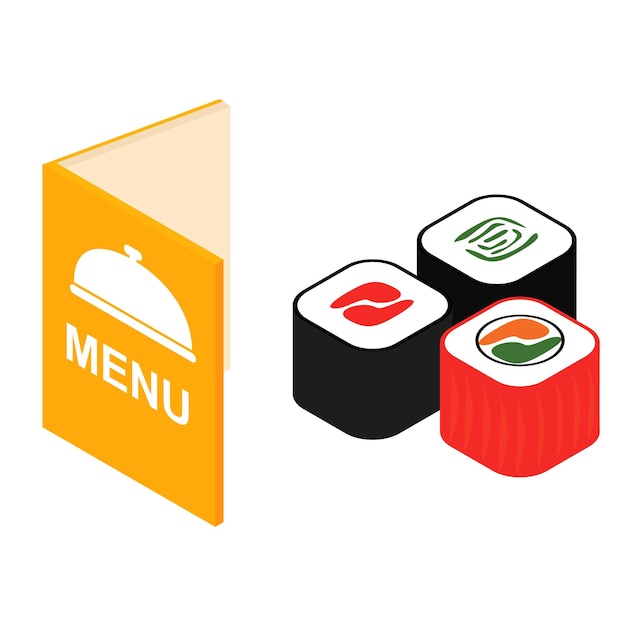 Vettore icona 3d isometrica menu e sushi per dispositivi web e mobili