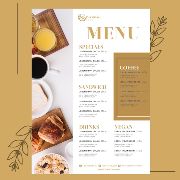 Modello di menu per ristorante per la colazione