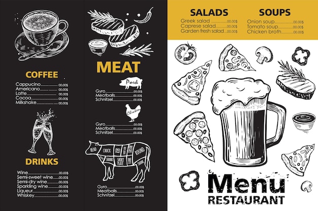Вектор Дизайн шаблона меню для ресторана, иллюстрация эскиза. вектор.