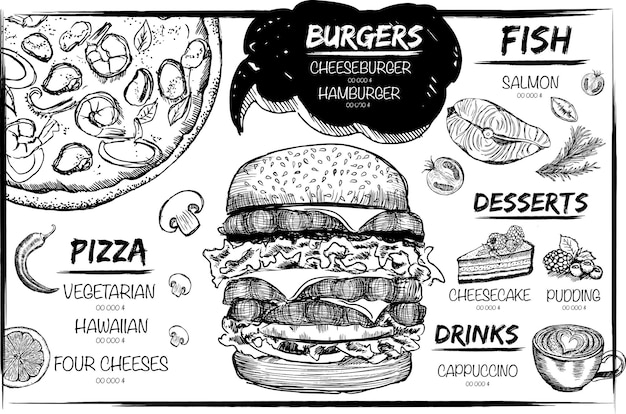 레스토랑 스케치 그림 메뉴 템플릿 디자인