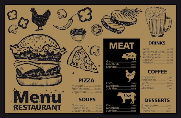 Vettore disegno del modello di menu per l'illustrazione dello schizzo del ristorante vettore