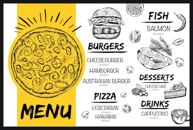 Disegno del modello di menu per l'illustrazione dello schizzo del ristorante