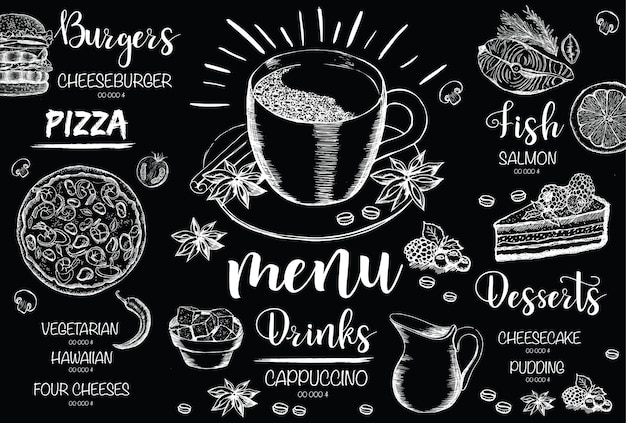 Vettore disegno del modello di menu per l'illustrazione dello schizzo del ristorante