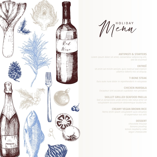 Vector menu template. hand drawn detailed christmas food and drinks. modern trendy menu