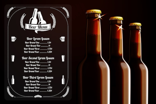 メニューテンプレートまたはビールとアルコールのパブ、レストラン、カフェなどのロゴのための場所のバナー。暗い背景に現実的な3つの茶色のビール瓶。