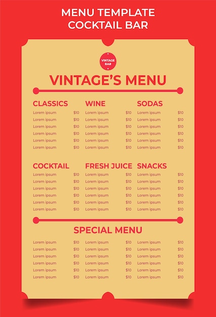 Modello di menu cocktail bar vintage