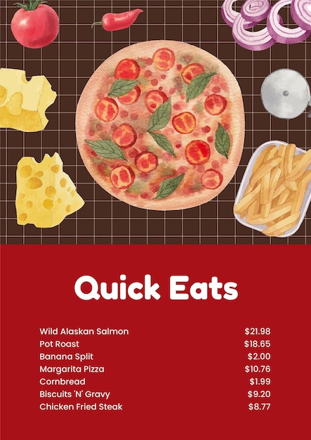Modello di menu con stile acquerello di concetto di fastfood americano