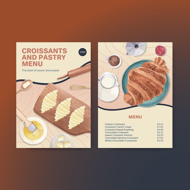 Menu template with croissant concept ,watercolor style