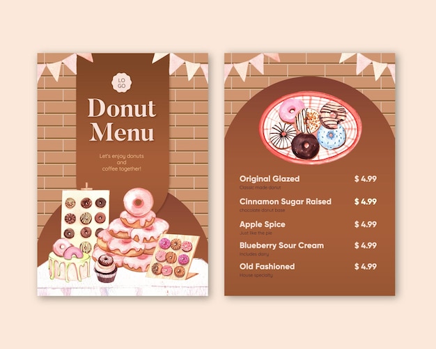 도넛 파티 컨셉이 있는 메뉴 템플릿수채화 스타일