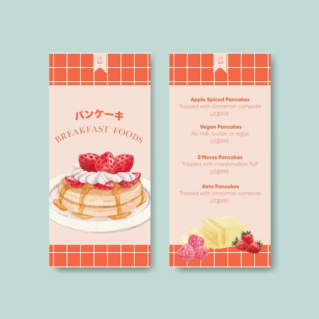 Menu template with happy pancake day conceptwatercolor style