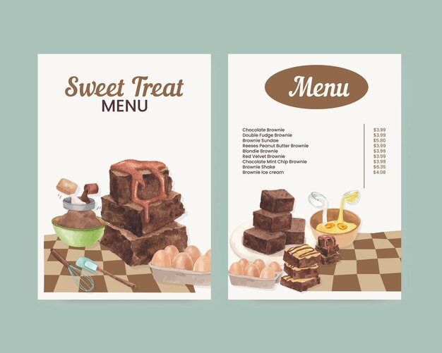 Menu template with homemade brownie in watercolor style