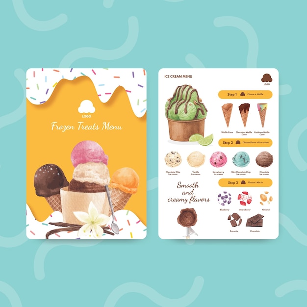 Menu template with ice cream flavor concept,watercolor style