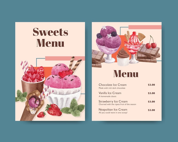 Vettore modello di menu con concetto di gusto di gelato in stile acquerello