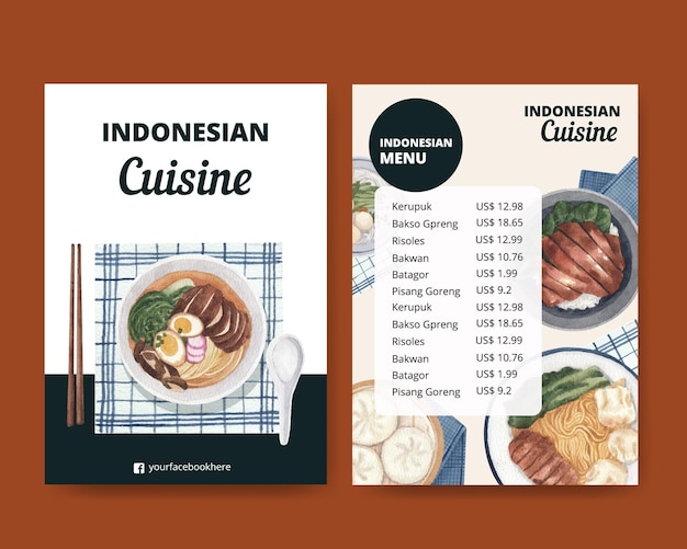 Modello di menu con concetto di crociera indonesiana, stile acquerello
