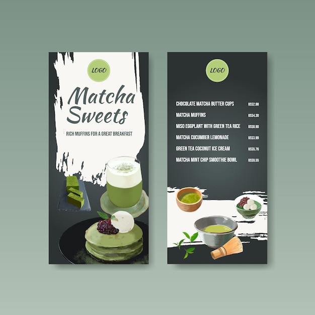 Modello di menu con il concetto di dolci matcha, stile acquerello