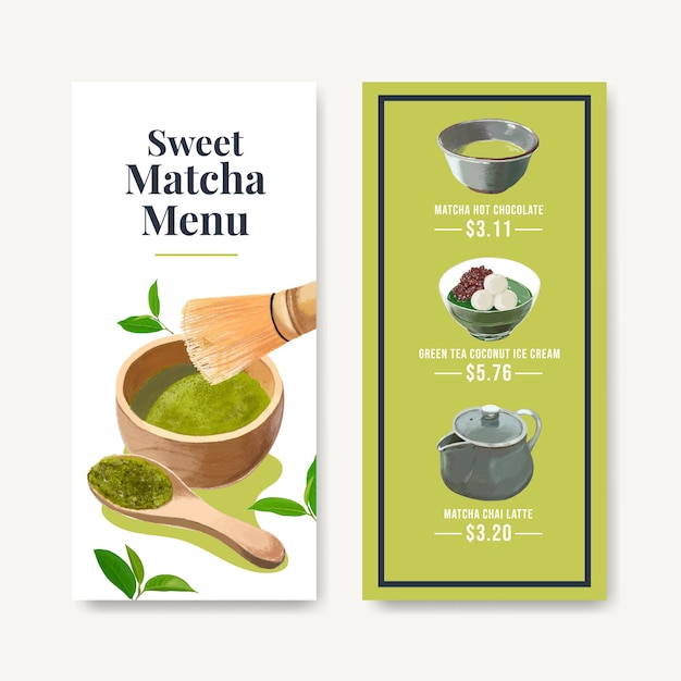 Vector menu template with matcha sweets concept,watercolor style