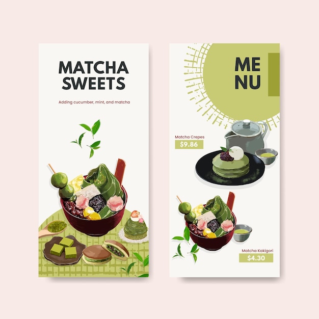 Menu template with matcha sweets concept,watercolor style