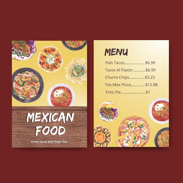 Menu template with Mexican cuisine concept design watercolor illustration